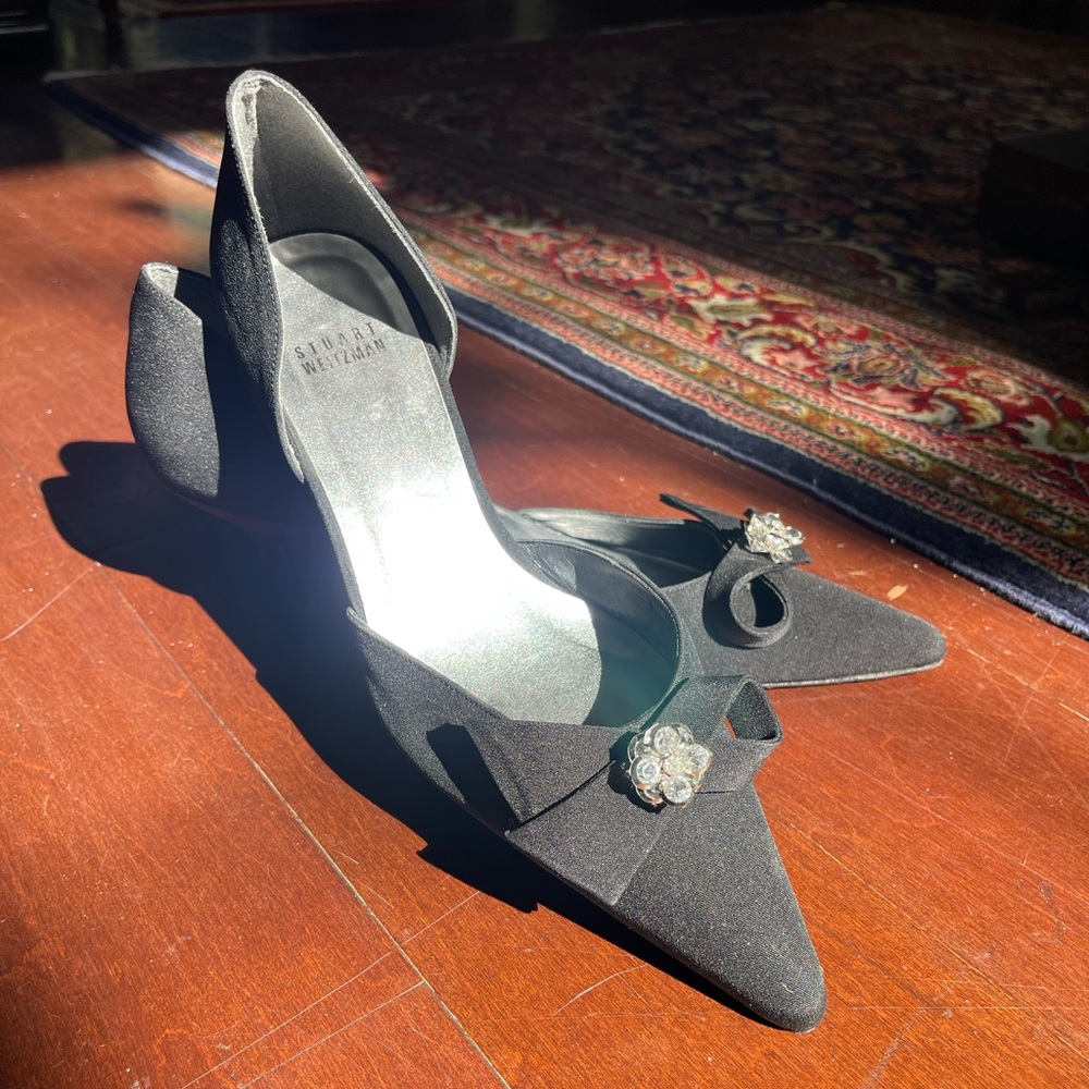 Stuart Weitzman Black Kitten Evening Heels w/ Crystal Flower Embellishment & Bow